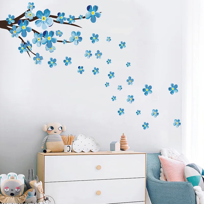 New Style Blue Plum Wall Sticker Art Decals Living Room Sofa Bedroom Wall Background Decorations Plum Blossom Stickers Wallpaper