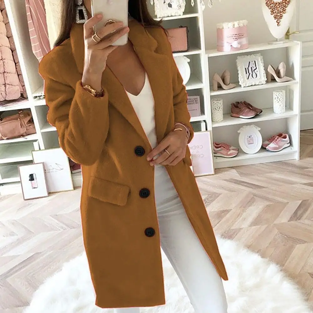 Fashion Women Jacket Autumn Winter Solid Color Lapel Overcoat Buttons Pockets Open Stitch Top Long Warm Keeping Coat Outerwear