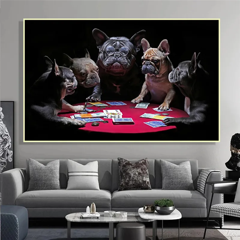 Funny Animals Playing Cards Posters And Prints French Bulldogs Dogs Canvas Modern Art Wall Painting Pciture Room Home Decoration