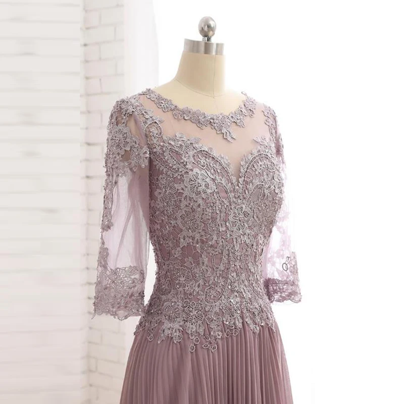 Dlassdress Store Charming Dusty Rose Lace Jewel Neck Mother of the Bride Dresses With Three Quarter Sleeves Wedding Party Gowns