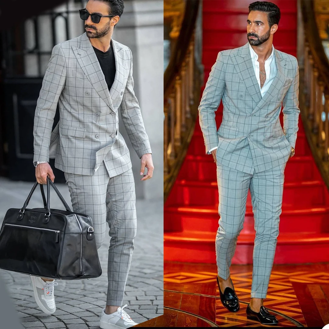 2 Pieces Men Suits Light Grey Plaid Formal Custom Made Wedding Tuxedos Double Breasted High Quality Cotton Business Coat+Pant