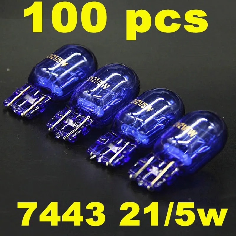 

100 pcs 580 7443 W21/5W T20 Natural Blue Glass XENON Super White 12V 21/5W W3x16q Car Light Bulb Auto Lamp