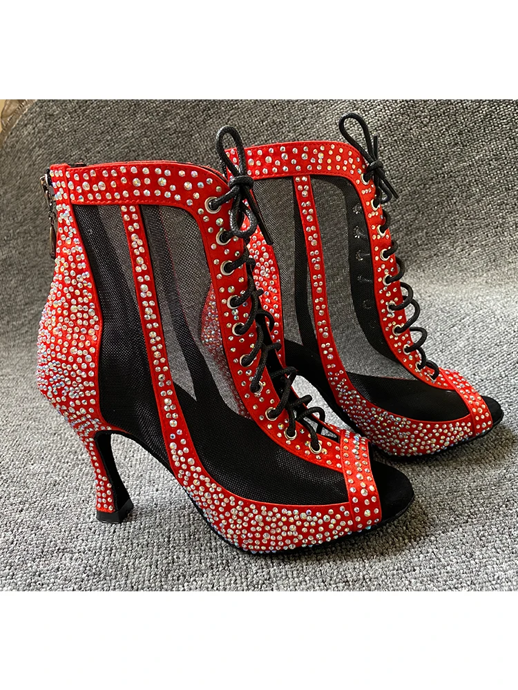 New Style Red Satin Rhinestones Dance Boots Thick Insole Comfortable Meduim Heel Salsa Ballroom Latin Dancing Shoes For Ladies