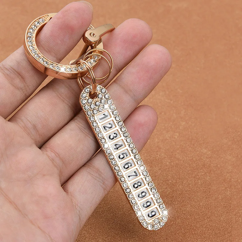 Personality Diamond Metal Car Keychain Auto KeyRings Pendant With Anti-lost Phone Number Plate Unisex Car Accessories Key Holder