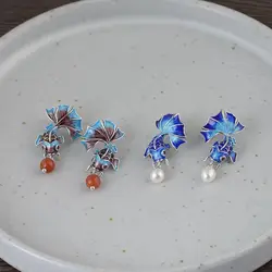 Natural Khotan jadesilver cloisonne enamel inlaid earrings Chinese classical palace style koi charm fresh women's brand jewelry