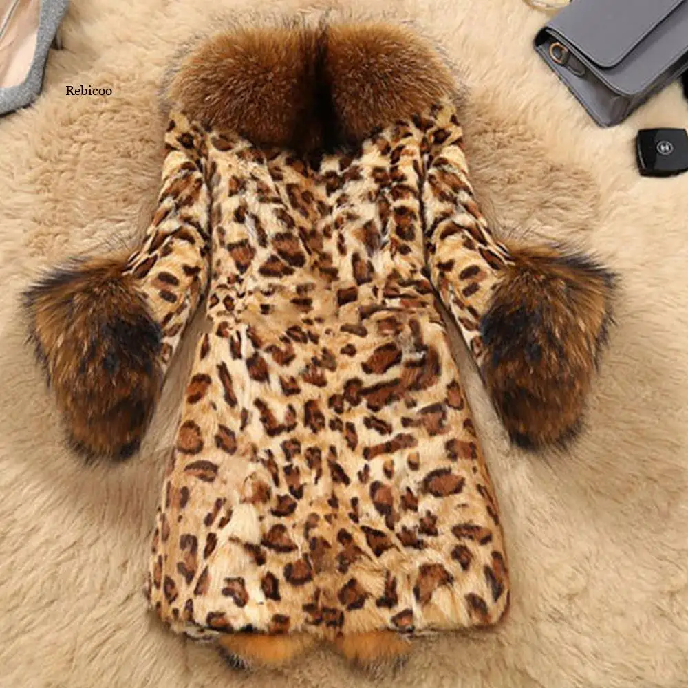 Winter Faux Fur Womens Leopard print coat  Raccoon Dog Fur Warm Women luxury coats Women loose long sleeve Elegant coat