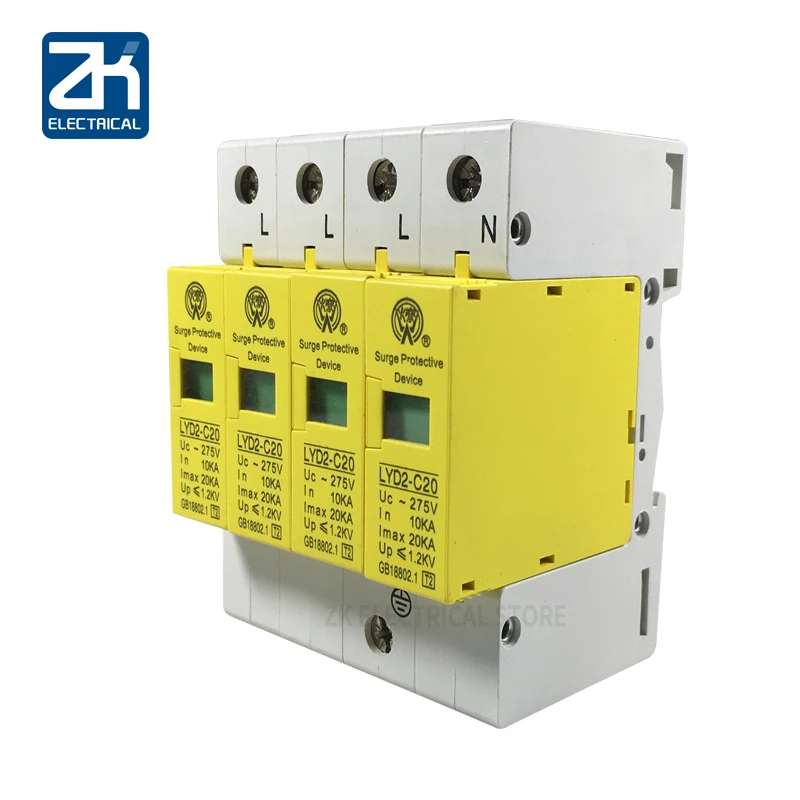 

C20-4P 10KA~20KA ~275V 385V 420V AC SPD House Surge Protector Protective Low-voltage Arrester Device 3P+N Lightning protection