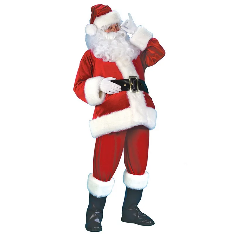 COLDKER-Conjunto de 7 piezas de Navidad para adultos, traje de Papá Noel de franela, traje clásico de vacaciones, accesorios de Cosplay, abrigo, pantalones, cinturón de barba, sombrero