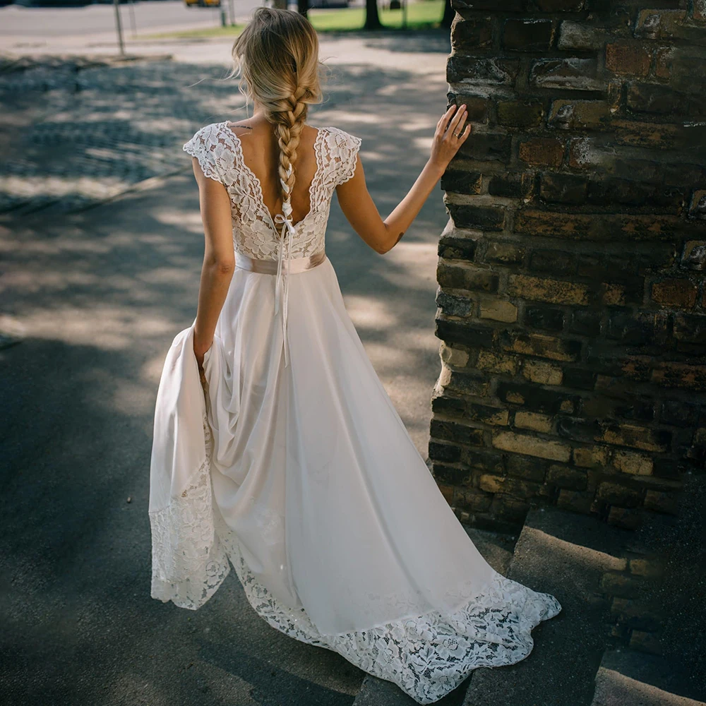 Lace Cap Sleeves Wedding Dresses A Line Boat Neckline Floor Length Custom Made Backless Rustic Boho Beach Chiffon Bridal Gown