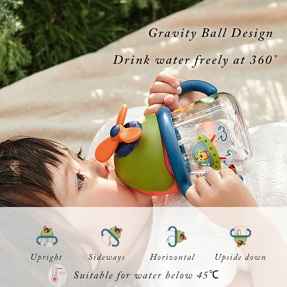 Bc Babycare Tritan 260ml/8.8oz Baby Sippy Cup Leak-proof Handle Cold Water 360° Drinking Bottle Rotating Windmill Learning Cup