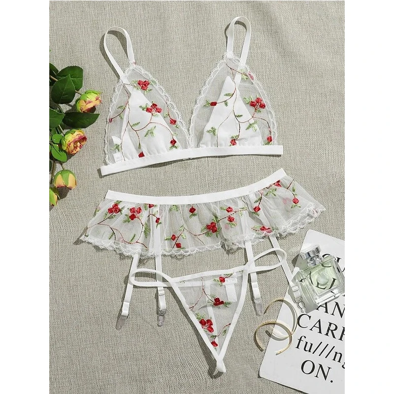 

Cute 3PCS Sexy Embroidery Lingerie Set Women Underwire Underwear Sets Ladies Hollow Bra UnderPant Garter Sets