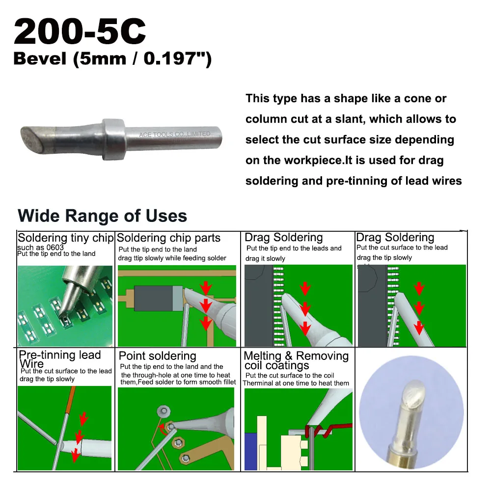 Embout de soudure de remplacement biseauté 200-5C 5mm, rapide 203 203H 204 204H 203D 376(I) 376D(I) 3100 3101 3102 3112 3202 20H-90 Bit