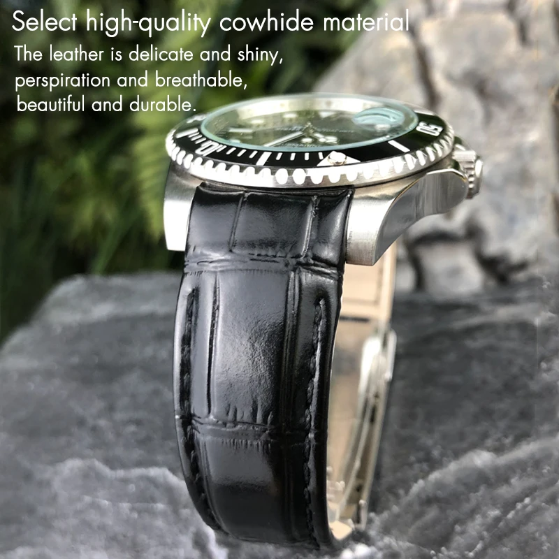 20mm Arc End Leather Watchband Suitable for Rolex Submariner GMT Bamboo Grain Green Blue Brown Cowhide Watch Strap Bracelets