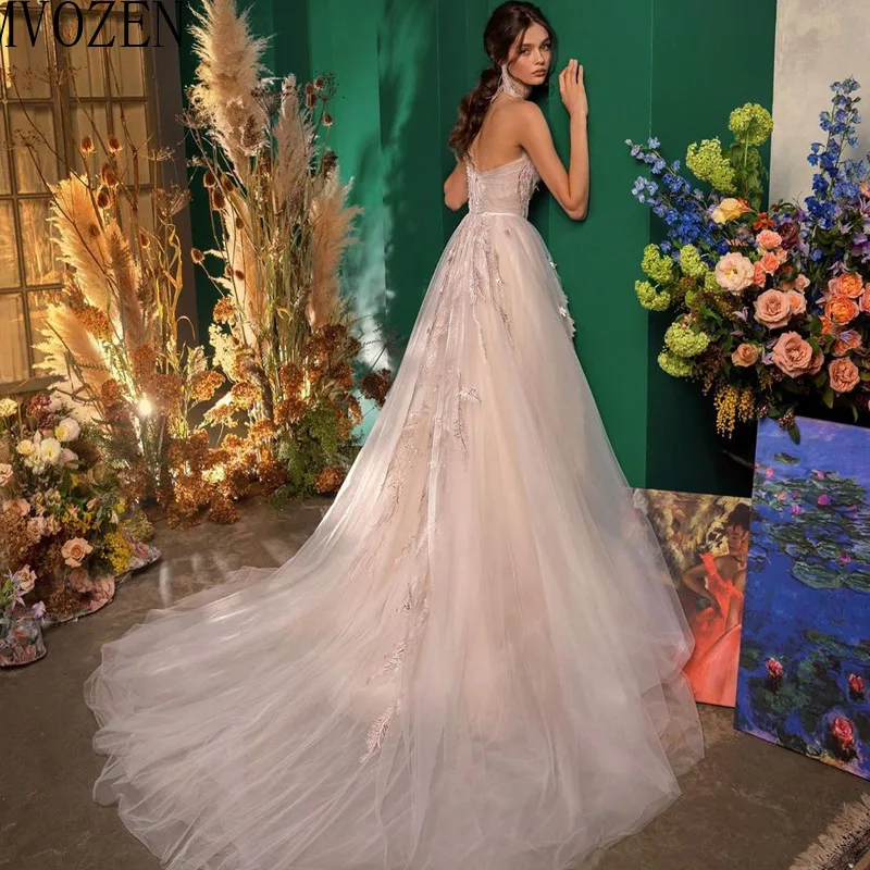 Mvozein Elegant Champagne Wedding Dresses Tulle A-Line Embroidery Pleat Court Train Wedding Dress Bridal Gowns robe de mariage