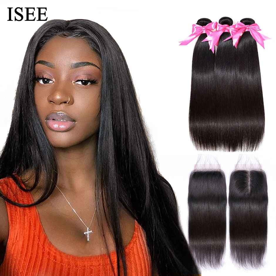 ISEE HAIR Human Hair Bundles With Closure Remy 3 Bundles With Closure Nature Color Malaysian Straight Hair Bundles With Closure