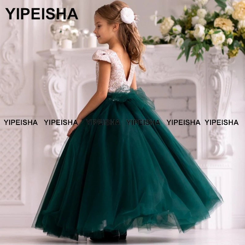 Yipeisha V-neck Cap Sleeves Flower Girl Dress Ball Gown Sequin Prom Party Gown for Kids First Communion Dresses vestido infanti