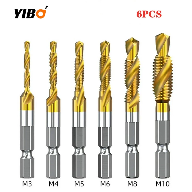 6PCS/Set HSS Drilling Tap Bits Thread Screw Tools Machine Taps M3-M10 Tap Drill Bits Shank Titanium Coated