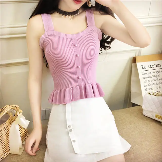 Women Corset Tops Camisole Women\'s Summer Short Ruffled Sleeveless Knitted Top Tank Camis Crop Top For Women