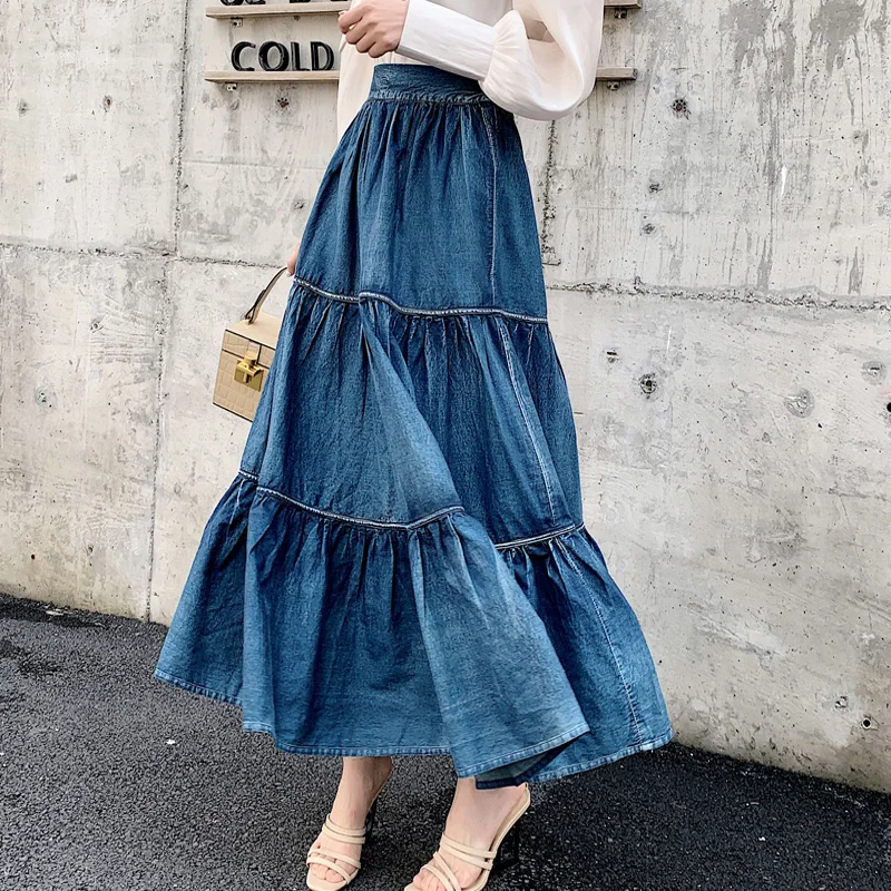 Women's Loose Casual Denim Skirt, Elastic Waist, Long Maxi Skirt, All-Match, Spring, Summer, New Fashion, S-XL, 2025