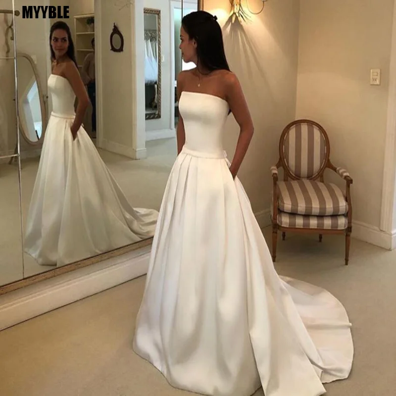 Personalizado boho a linha vestidos de casamento sem alças cetim drapeado vestido de noiva arco faixas vestidos de noiva mais barato