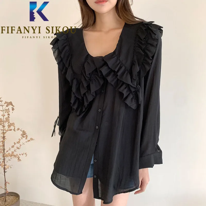 

Black Sexy Long Sleeve Shirt Women Peter pan Collar Fashion Ruffle Spliced Shirts Asymmetry Loose Spring Womens Tops and Blouses