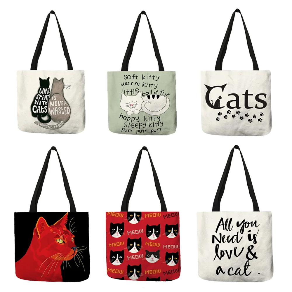 Customize Creative Cat Pattern Tote Bag for Women Wish Print for Lady Eco Linen Shopping Bags Traveling Pouch