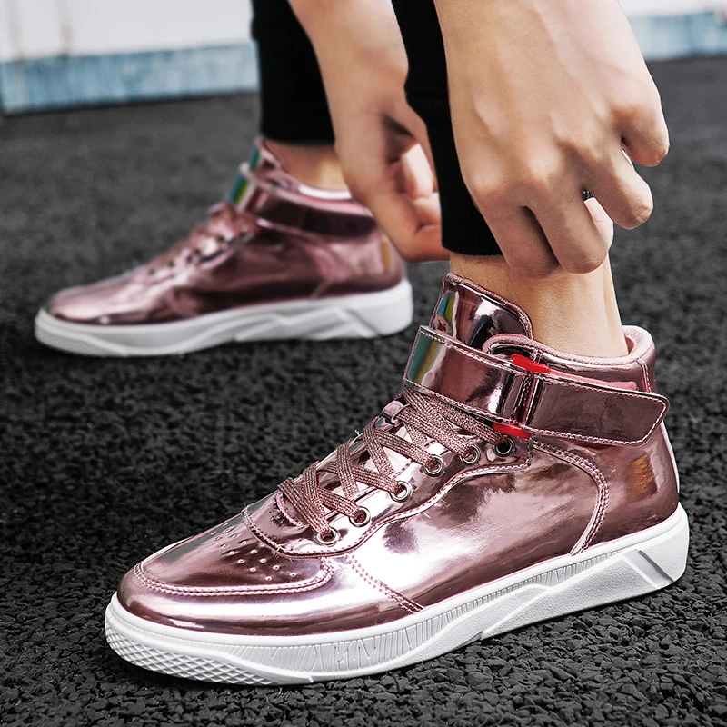 Fashion Golden Men\'s Mirror Shoes Couple Glitter Leather Men High Sneakers Large Size 48 Casual Sneakers Men Flats basket homme