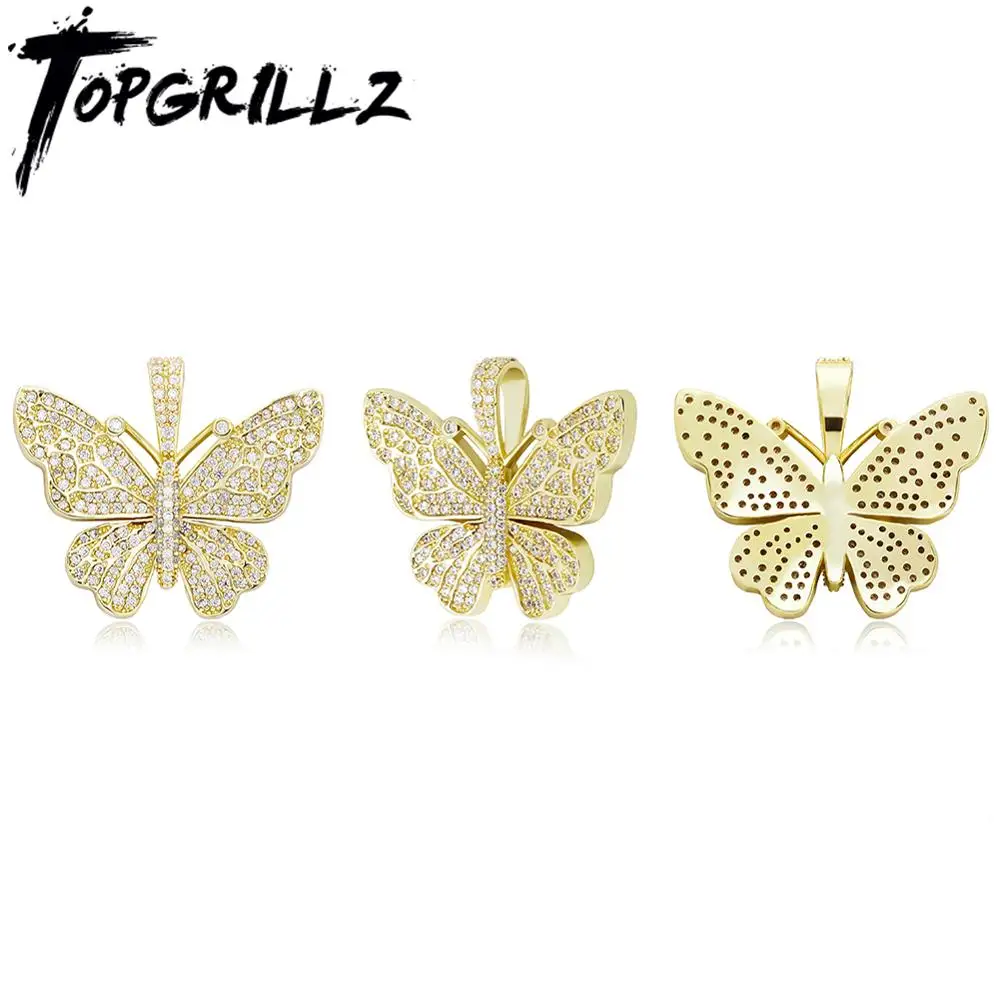 TOPGRILLZ New High Quality Butterfly Pendant Gold Color Iced Out Cubic Zirconia Pendant Hip Hop Fashion Jewelry For Gift Men