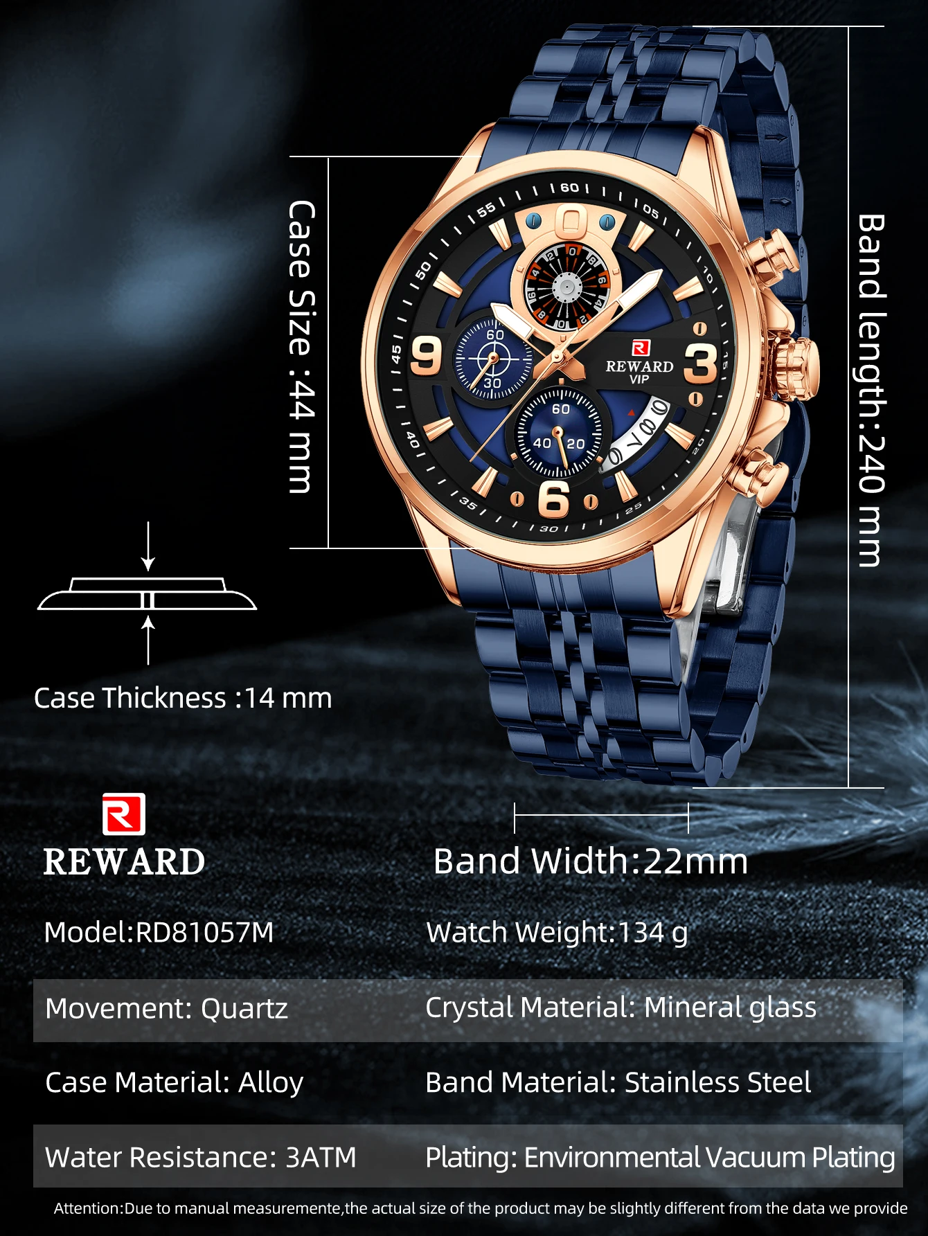 REWARD VIP Design Quartz Watches for Men Waterproof Sport Wristwatch Stainless Steel Chronograph Luminous Wrist Watches for Male