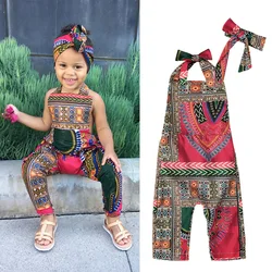 JEMMALEONG 2021 African Clothes Dashiki Floral Print Rompers Summer Jumpsuit Hair Band For Baby Girl African Dress For Kids