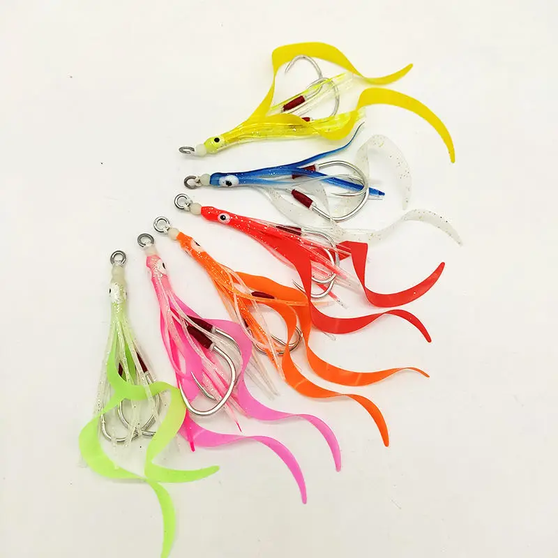 30pcs/pack Glow Assist Hooks With Squid Skirts Lumious Slow Jig Silicone Skirt Fishing Hook Sea Fishing Accessories