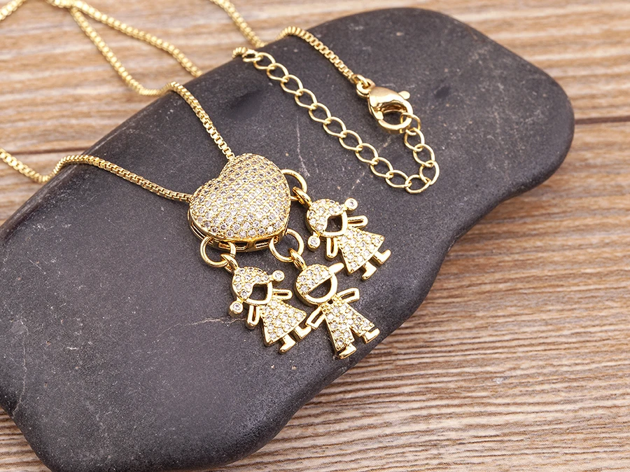 Nidin Heißer Verkauf Sohn Tochter Herz Vergoldet Zirkonia Familie Mädchen Junge Anhänger Halskette Kette Schmuck Für Mutter Geschenk – Detail 12