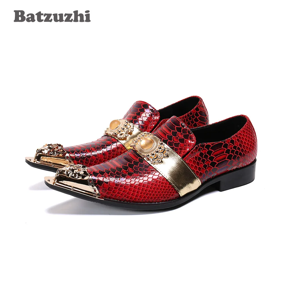 

Batzuzhi Luxury Handmade Men's Shoes Gold Metal Toe Genuine Leather Dress Shoes Men Red Party and Wedding Zapatos Hombre, US6-12