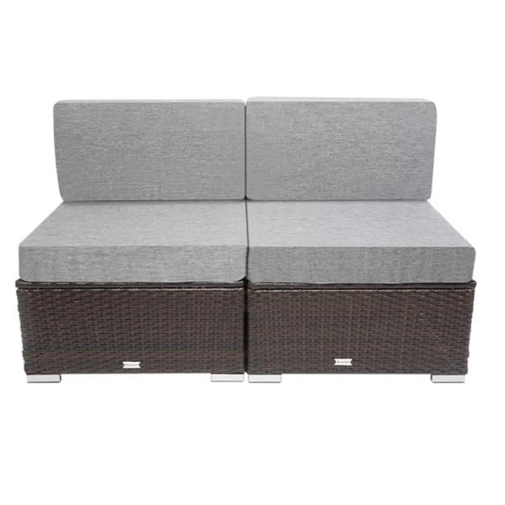 2 Pieces Patio PE Wicker Rattan Armless Sofa Brown