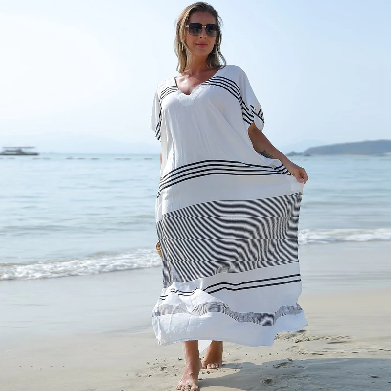 Simple Elegant Loose Dress Rectangle Shape Kaftan White Black Stripes Chic Comfy Loungewear Beach Cover Ups Rayon Soft Homewear