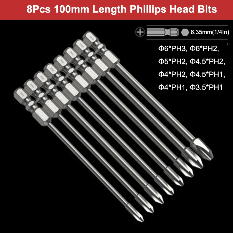 8Pcs 75/100mm 길이 충격 필립스 스크루 드라이버 비트 S2 강철 토크 크로스 헤드 드릴 비트 자기 스크루 드라이버 비트