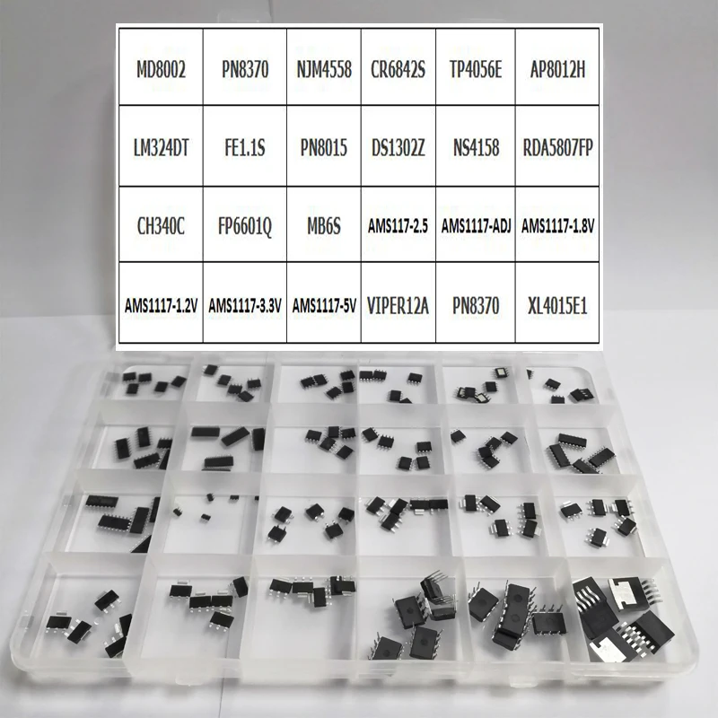 MD-XL Integrated Circuit TP4056 PN8370 PN8015 CR6842 AP8012 DS1302 LM324 DP6601 MD8002 JRC4558 AMS117 Transistor Ic Socket Kit