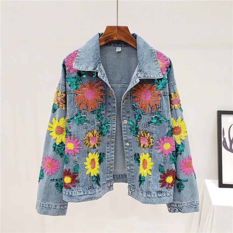 2021 Fashion Sequins Sunflower  Autumn Denim Woman Jacket Loose Blue Spring Jean Clothes Coats Womens Clothing Kurtka Jeansowa