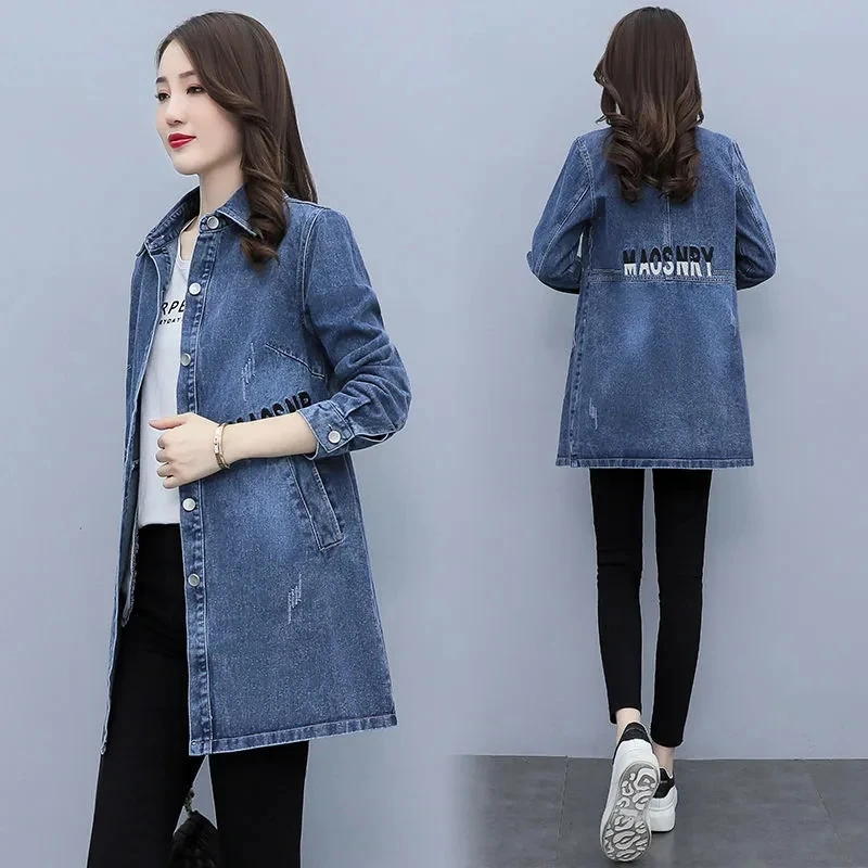 Spring Autumn New Women's Denim Jacket Mid Long Casual Ladies Jeans Coat Women Coat Outwear Female Cowboy Windbreaker Jacket