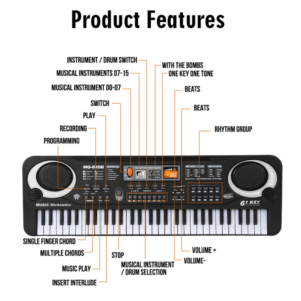 Elektronische Klaviertastatur für Kinder, tragbar, 61 Tasten, Orgel mit Mikrofon, Bildungsspielzeug, Musikinstrument, Geschenk für Kinder, Anfänger – Detail 15