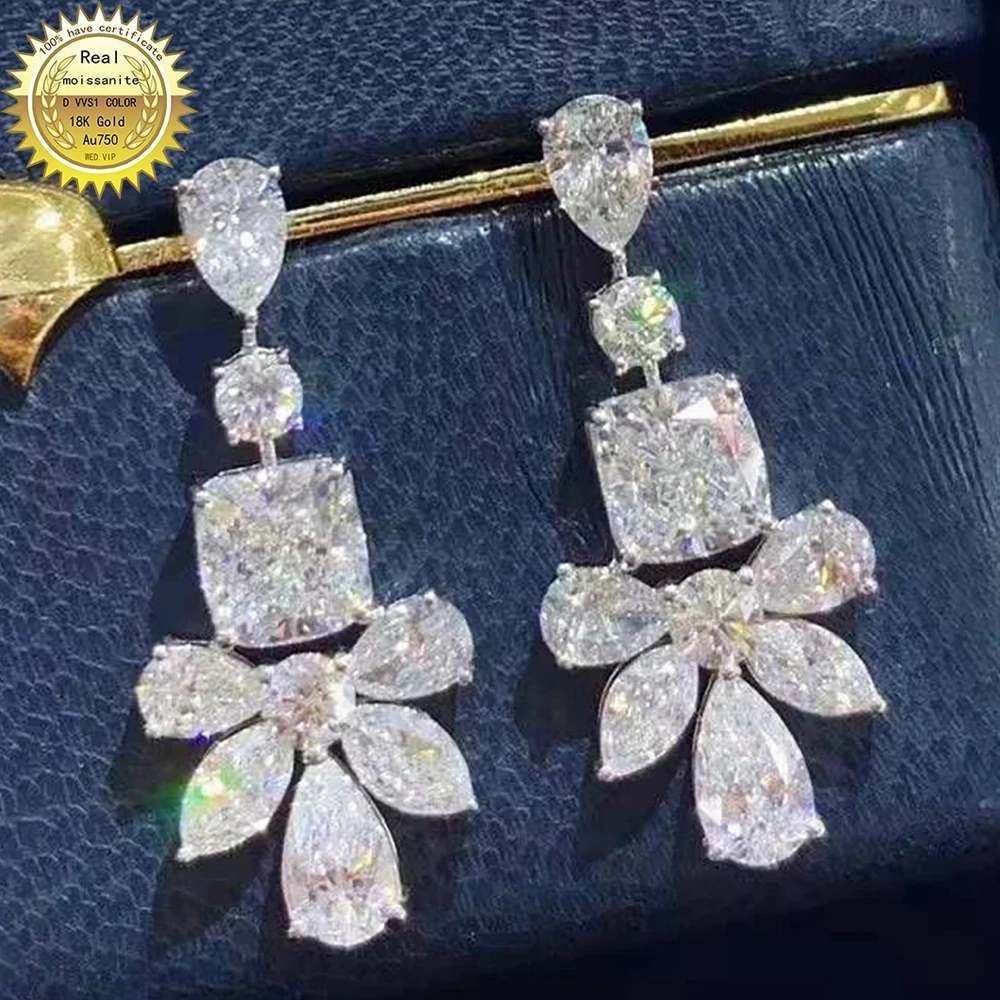 18K Au750 Gold Earrings DVVS Moissanite Diamonds Water Drop Round Cushion Marquise Wedding Party Engagement Anniversary