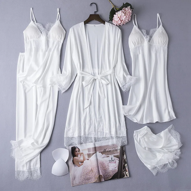 White 5PCS Women Robe Set Sexy Sleepwear Lace Kimono Bathrobe Gown Silky Lingerie Nightwear Lounge Wear Casual Home Clothes