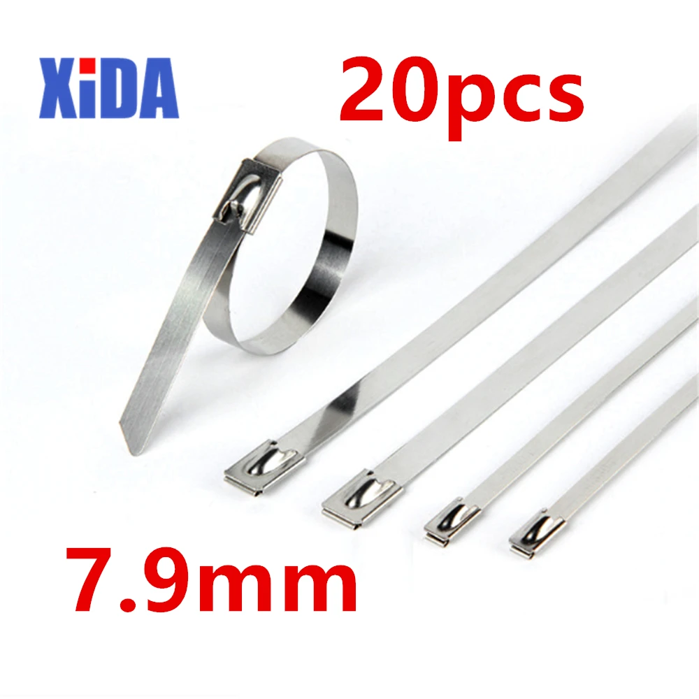 Image of 20 Stück 7,9 mm Breite 100–1000 mm Länge 304 Material Edelstahl Metall Kabelbinder Krawatte Zip Wrap Auspuff Wärmegurte Induktionsrohr