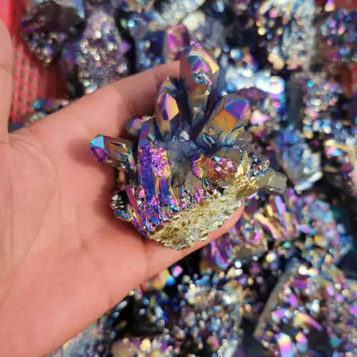 AAA Natural Aura Rainbow Titanium Quartz Crystal Cluster Vug Therapy Stone