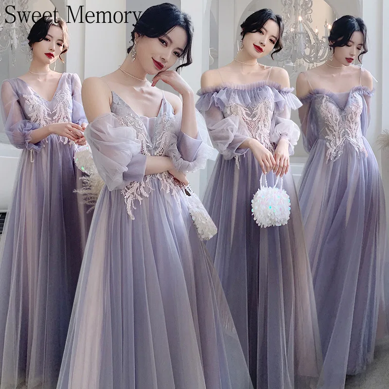 Sweet Memory New Purple Bridesmaid Party Dresses Women Tulle Lace Prom Wedding Party Evening Dress Girl Graduation Vestidos