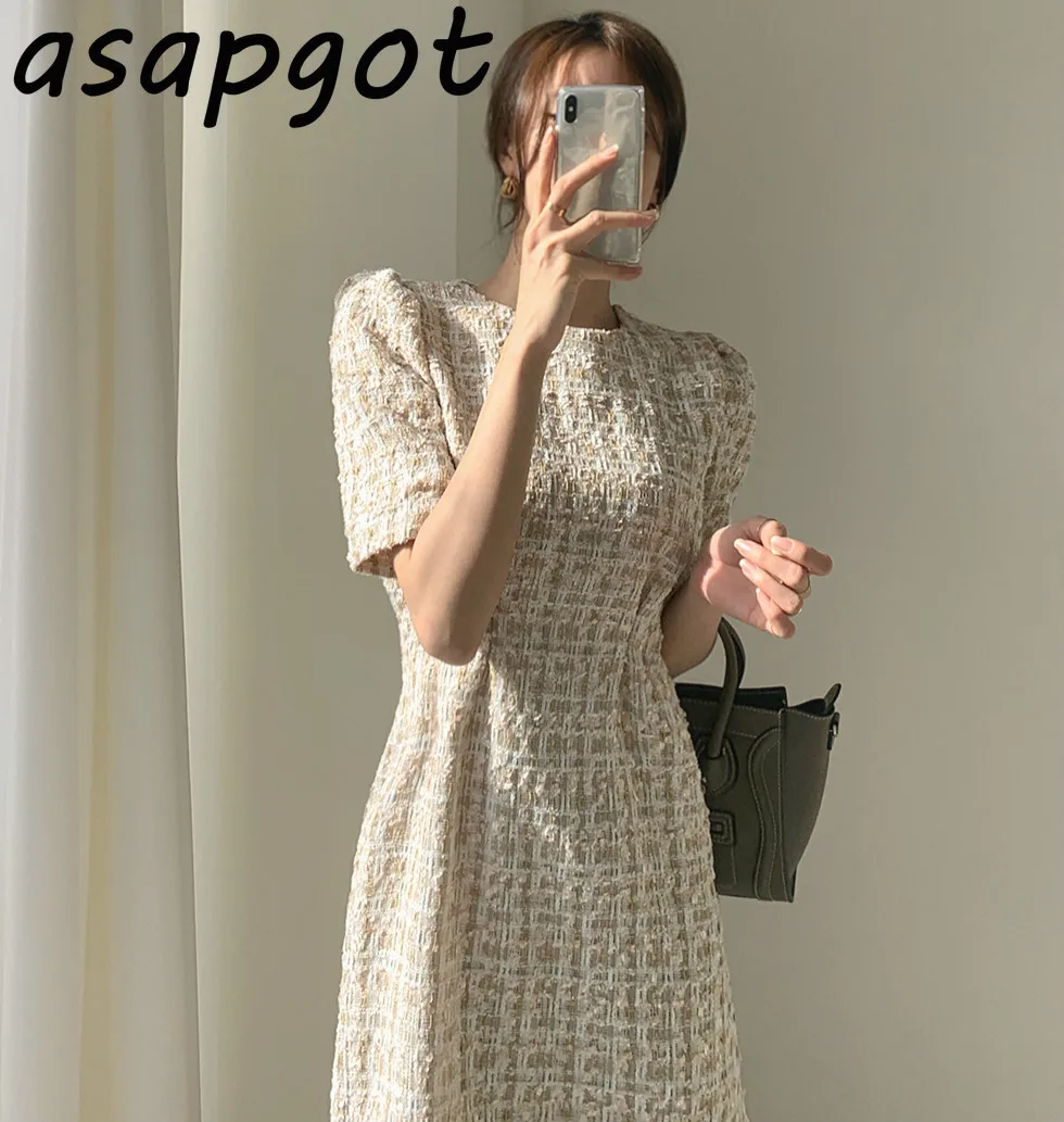 Asapgot Fashion Chic Autumn Lady Light Mature O Neck Waist Slim Puff Short Sleeve A-line Plaid Tweed Dress Women Mini Vestido