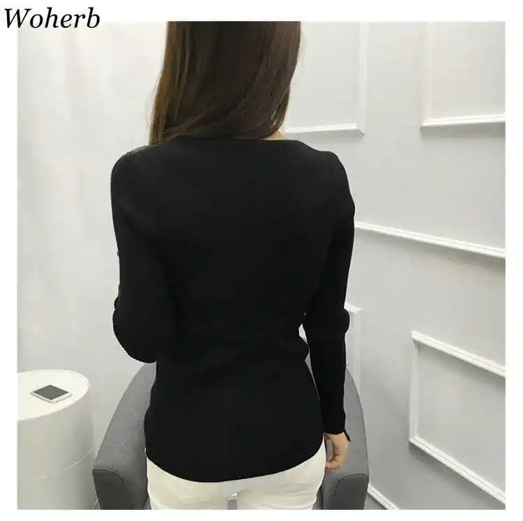 Woherb-Suéter feminino meia gola alta manga longa renda retalhamento, ver através de tops finos de malha, pulôveres pretos, moda coreana, 90961