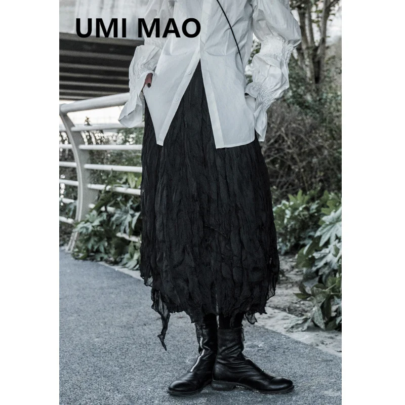 UMI MAO Amoi Yamamoto Dark Wind Elastic Waist Pleated Skirt Female Niche Mid-length Temperament A-line Skirt Y2k Gothic Clothes