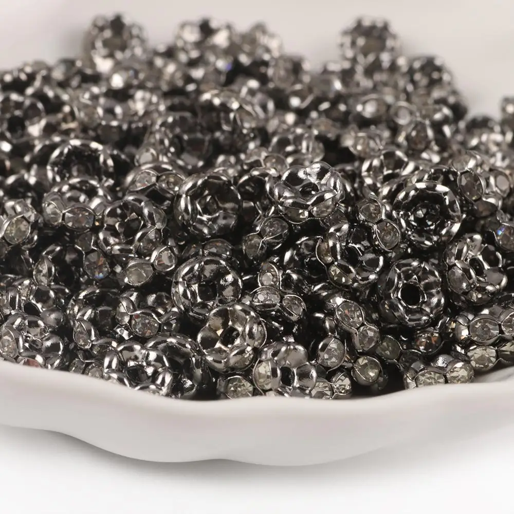 50pcs Wave Side Metal Black Rhinestone Rondelle Austiran Crystal Big Hole Loose Spacer Beads For Jewelry Making DIY Supplies