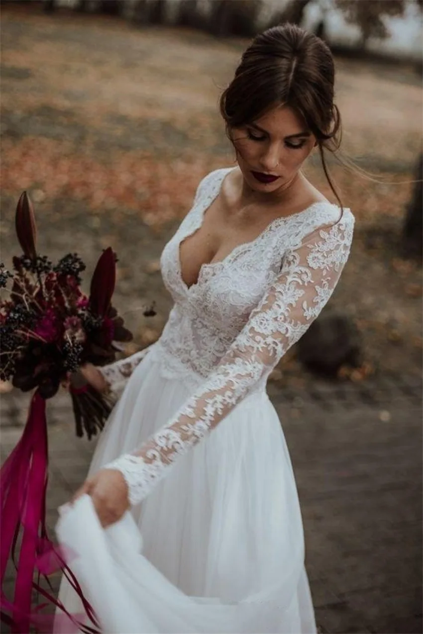 2020 a-linie Mit Langen Ärmeln Hochzeit Kleider Spitze Tüll Backless Brautkleider Boho Vestidos De Novia Sexy V-ausschnitt Nach Maß